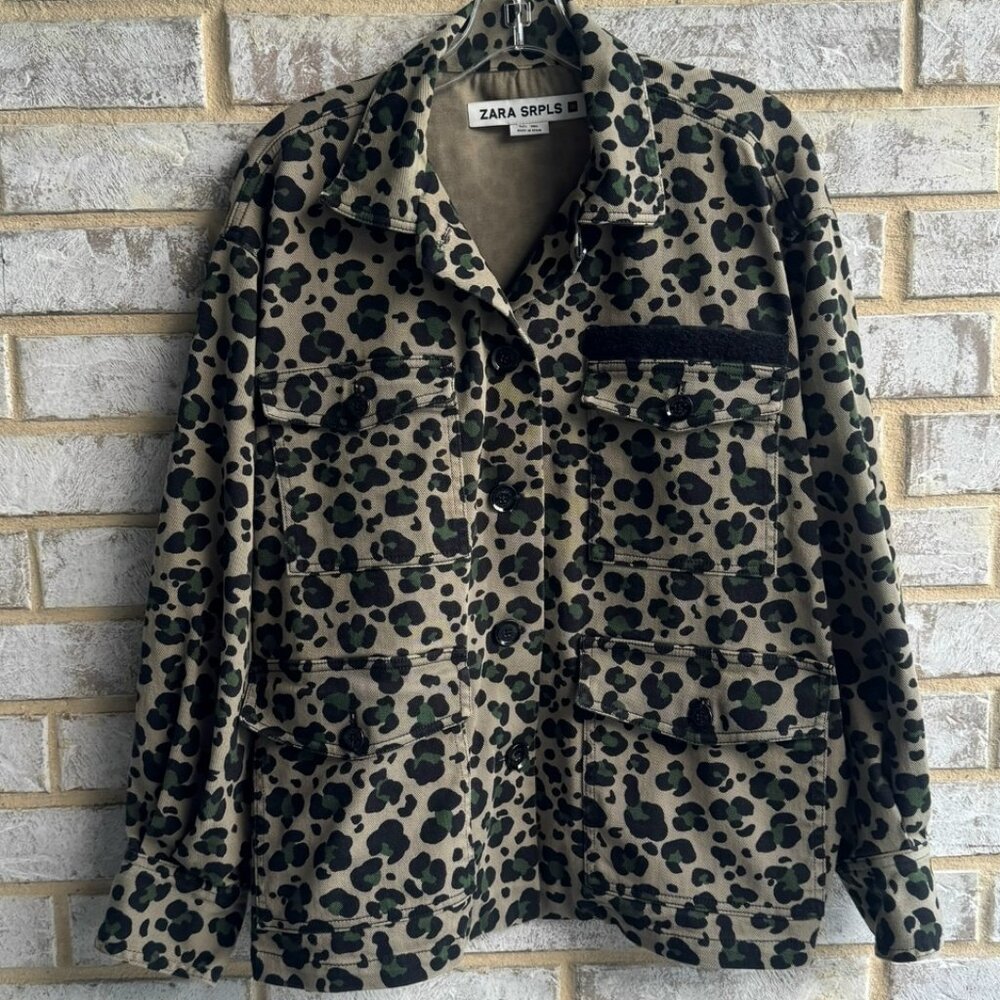 Zara SRPLS Long Sleeve Button Up Animal Print Cotton Blend Jacket Women's Size L